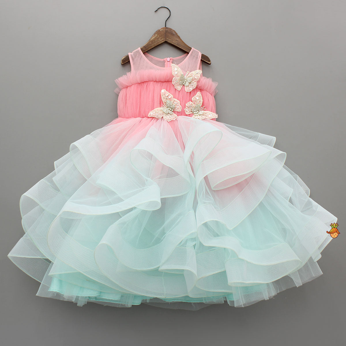 Beautiful Ombre Ruffled Gown With Butterfly Embellishments