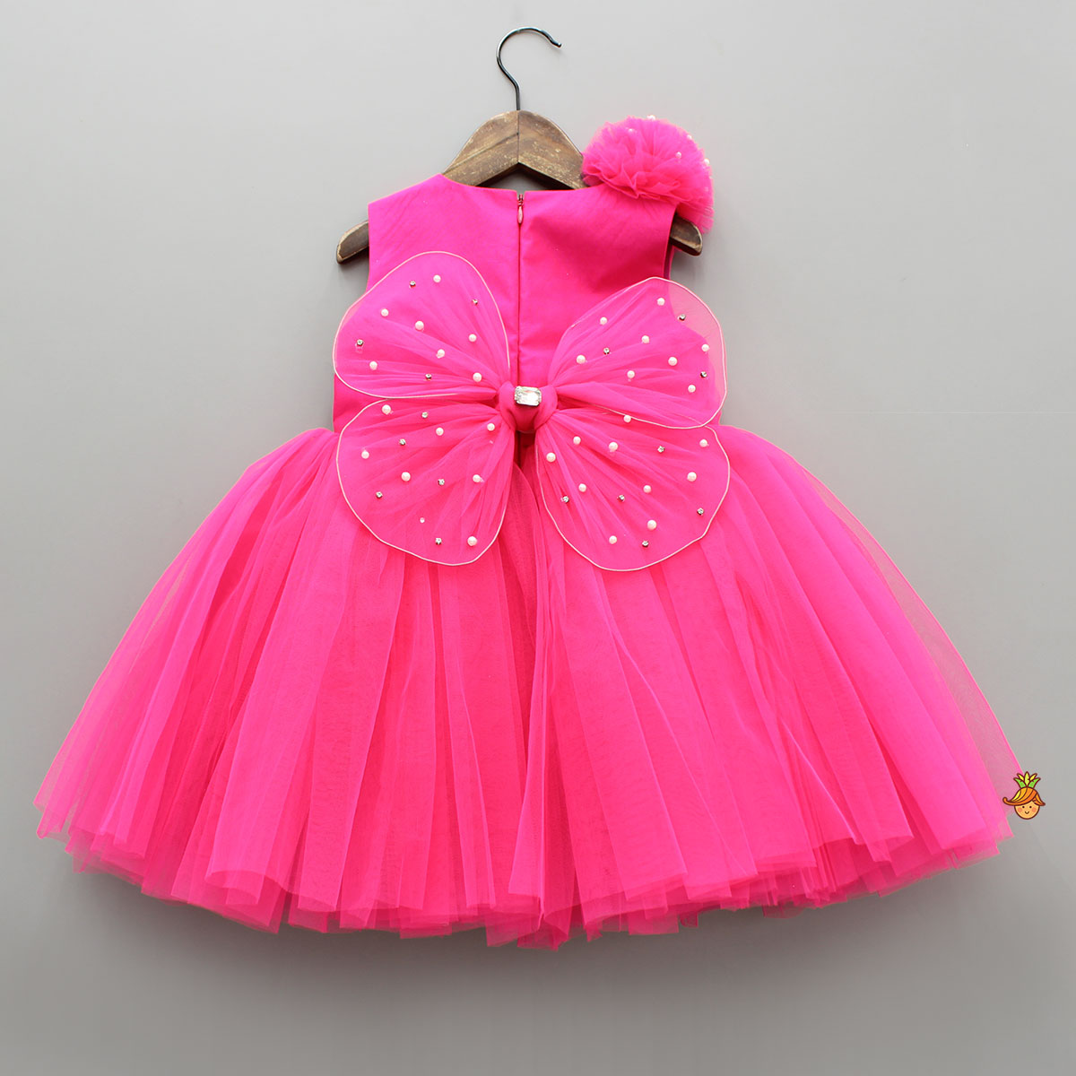 Hot Pink Flower Adorned Dress With Detachable Butterfly Wings