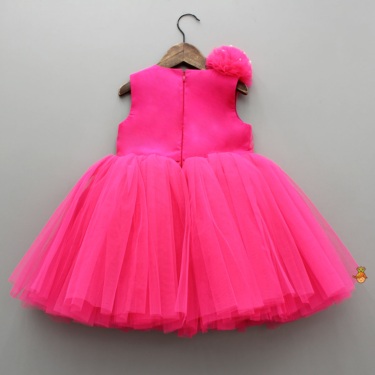 Hot Pink Flower Adorned Dress With Detachable Butterfly Wings
