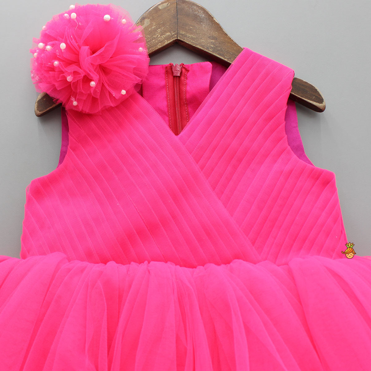 Hot Pink Flower Adorned Dress With Detachable Butterfly Wings