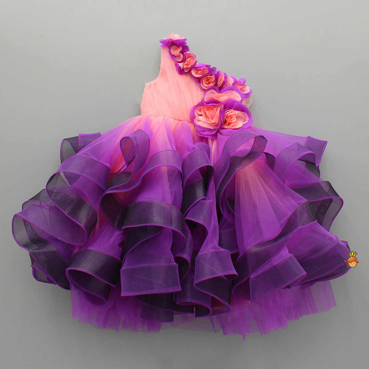 Peach And Purple Ombre Ruffled One Shoulder Gown