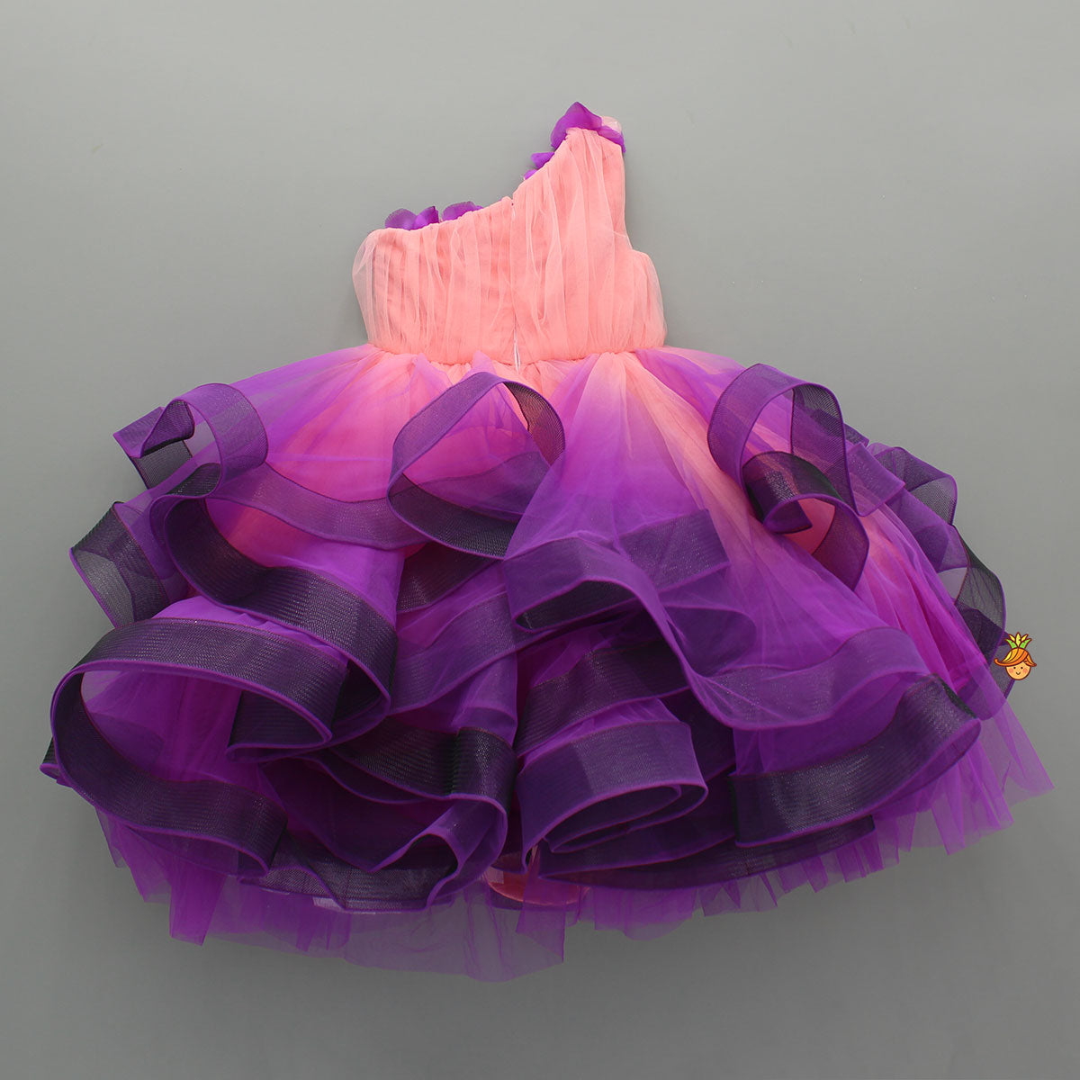 Peach And Purple Ombre Ruffled One Shoulder Gown