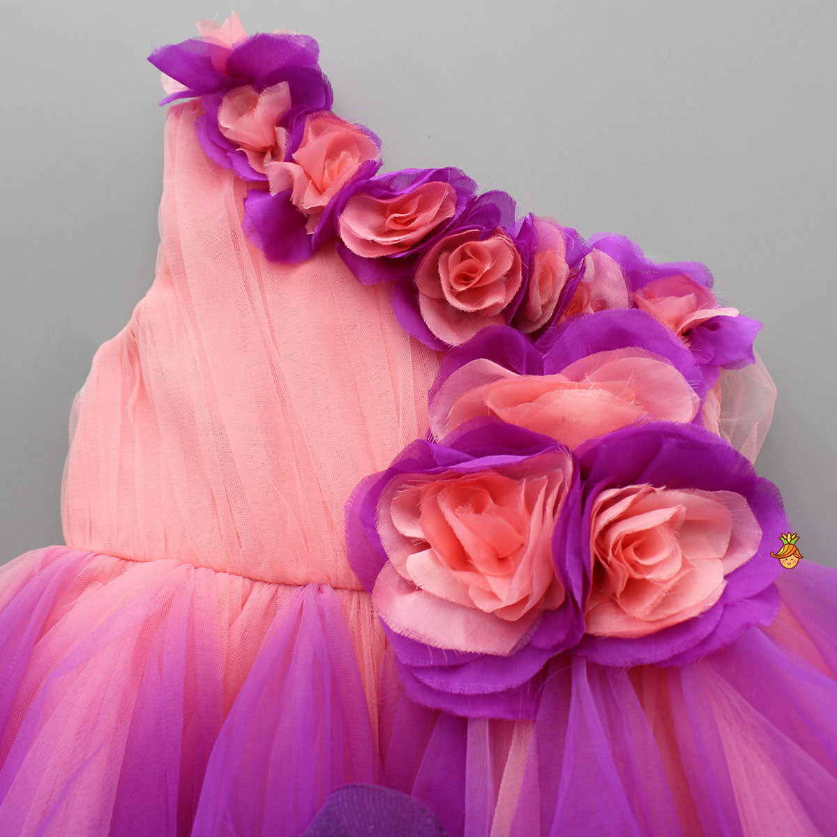Peach And Purple Ombre Ruffled One Shoulder Gown