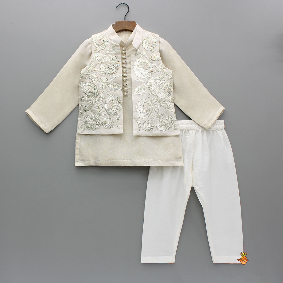 Shimmery Ivory Kurta With Front Open Gota Embroidered Jacket And Pyjama