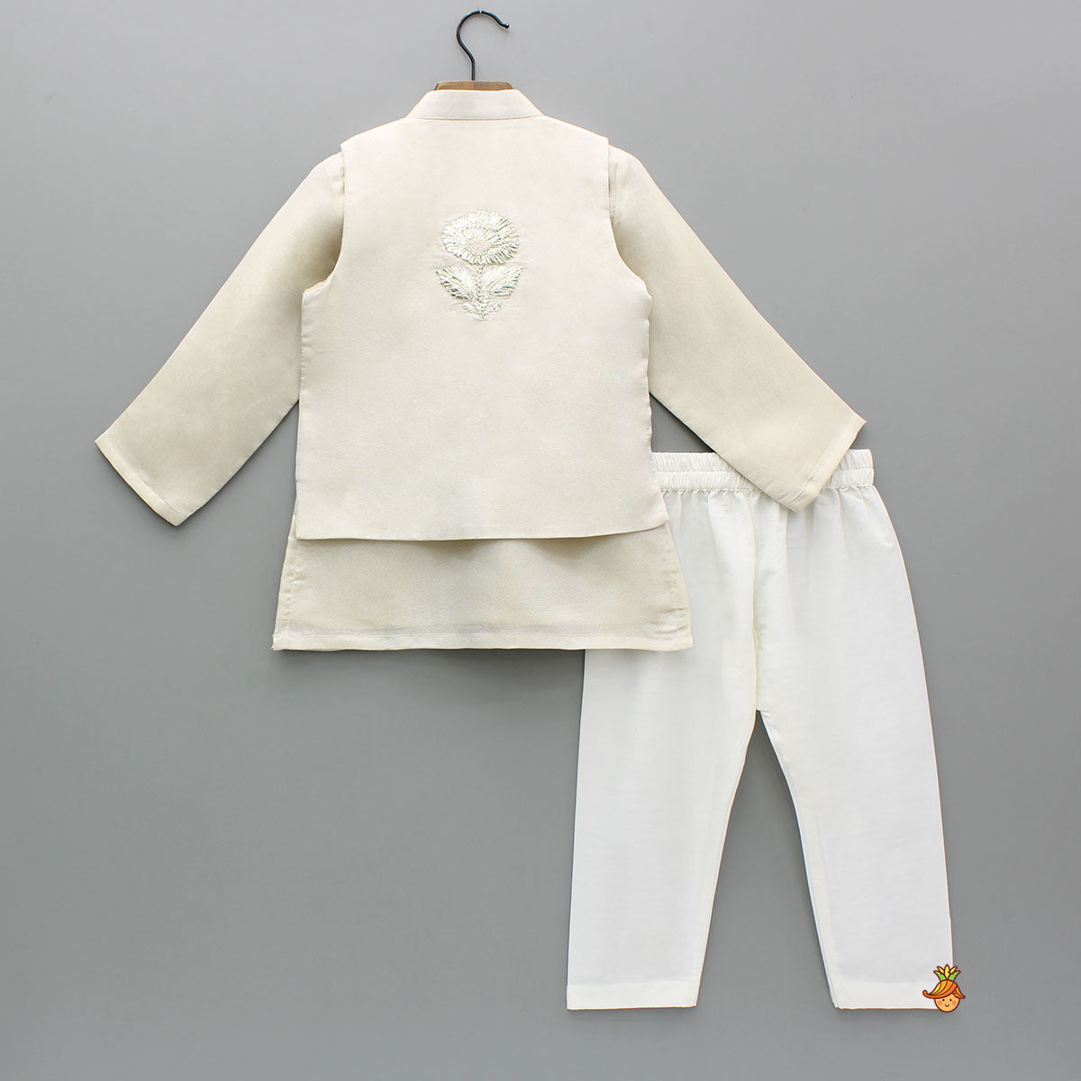 Shimmery Ivory Kurta With Front Open Gota Embroidered Jacket And Pyjama