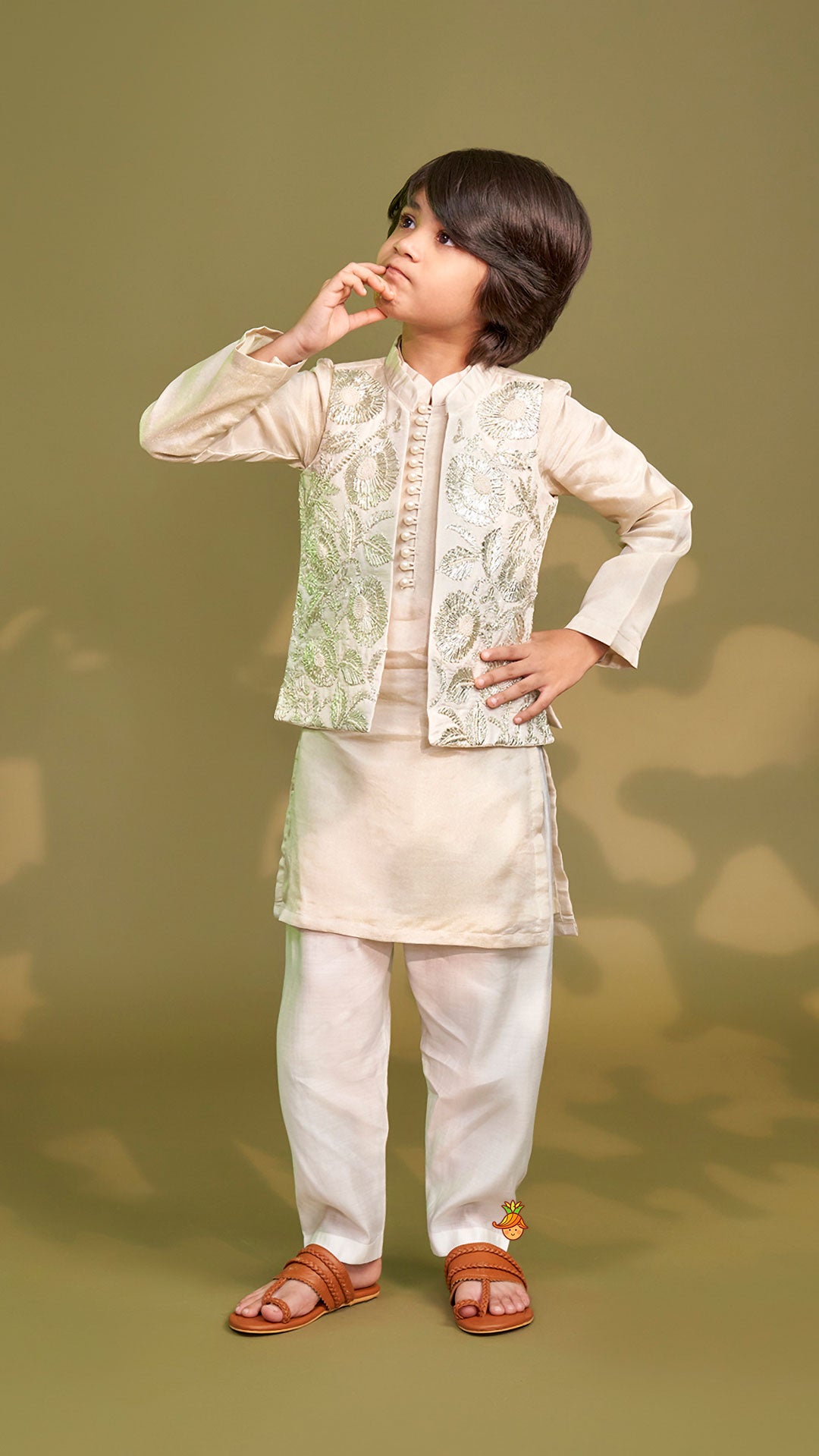 Shimmery Ivory Kurta With Front Open Gota Embroidered Jacket And Pyjama