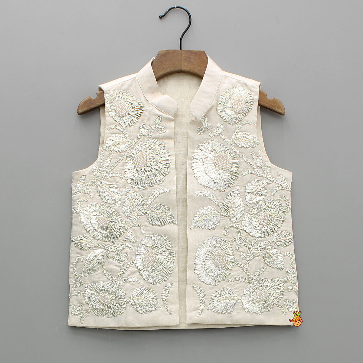 Shimmery Ivory Kurta With Front Open Gota Embroidered Jacket And Pyjama