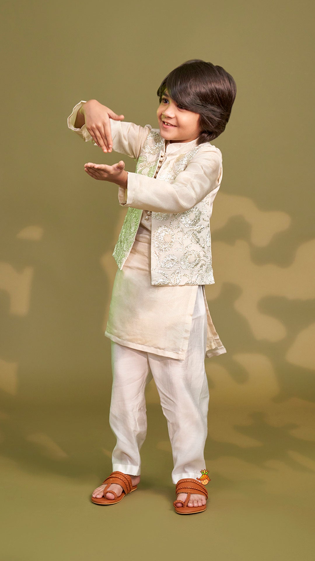 Shimmery Ivory Kurta With Front Open Gota Embroidered Jacket And Pyjama