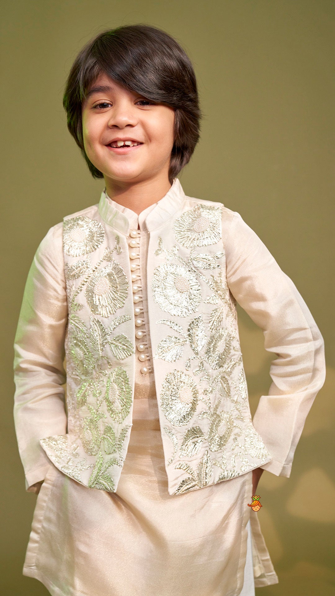 Shimmery Ivory Kurta With Front Open Gota Embroidered Jacket And Pyjama
