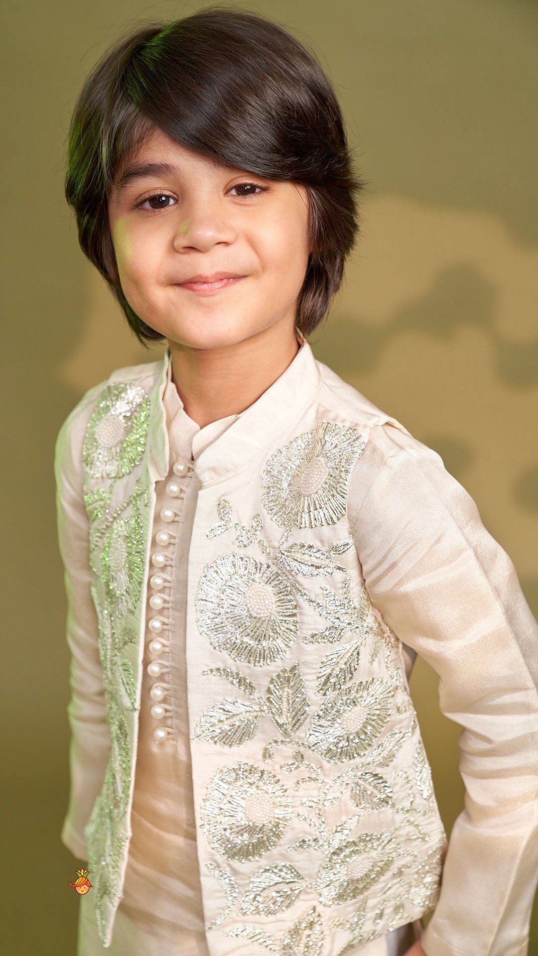 Shimmery Ivory Kurta With Front Open Gota Embroidered Jacket And Pyjama