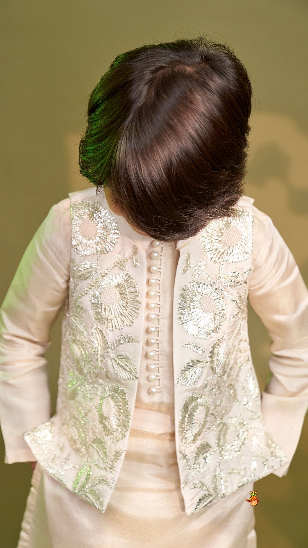 Shimmery Ivory Kurta With Front Open Gota Embroidered Jacket And Pyjama