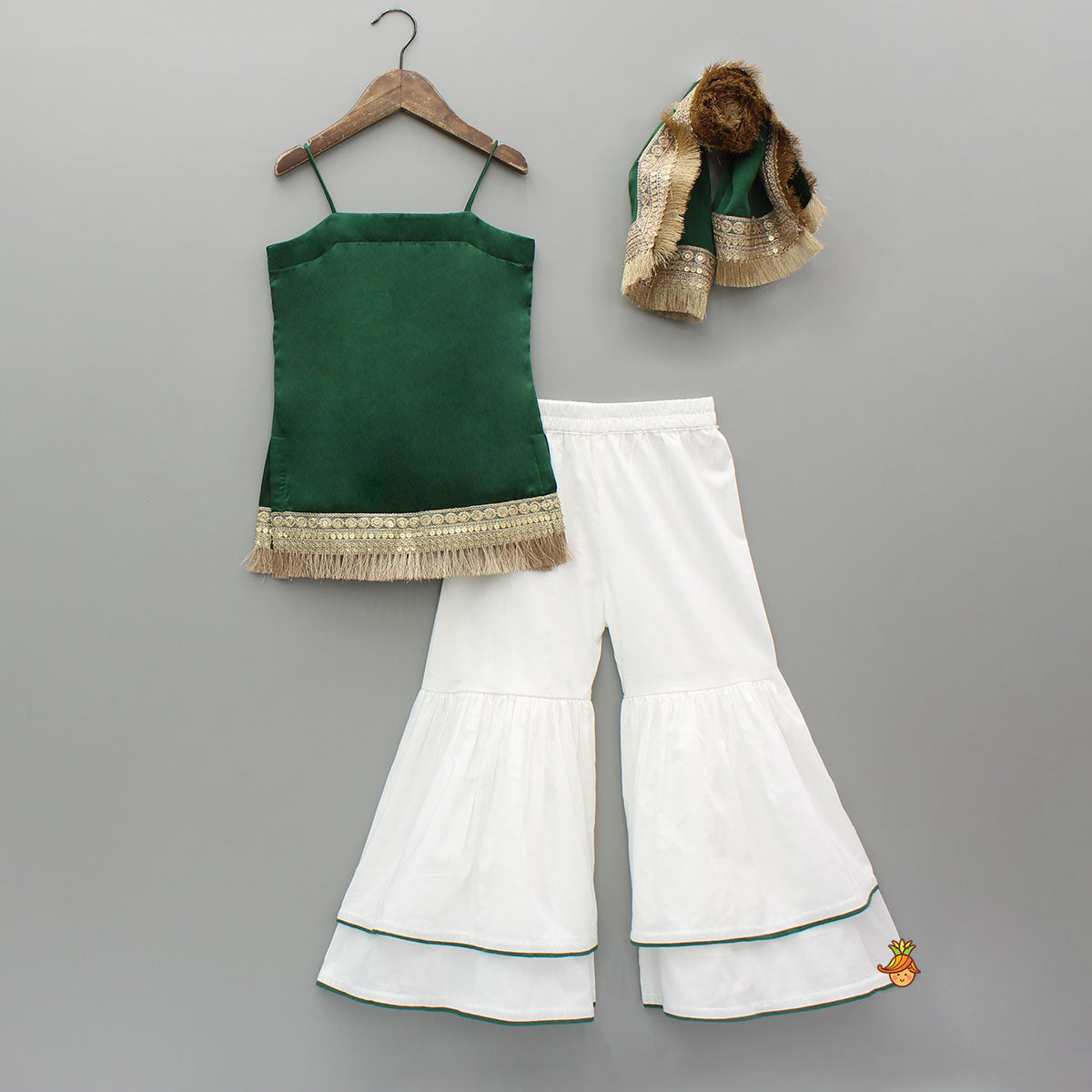 Elegant Green Strappy Lace Detailed Kurti With Tiered Sharara And Dupatta
