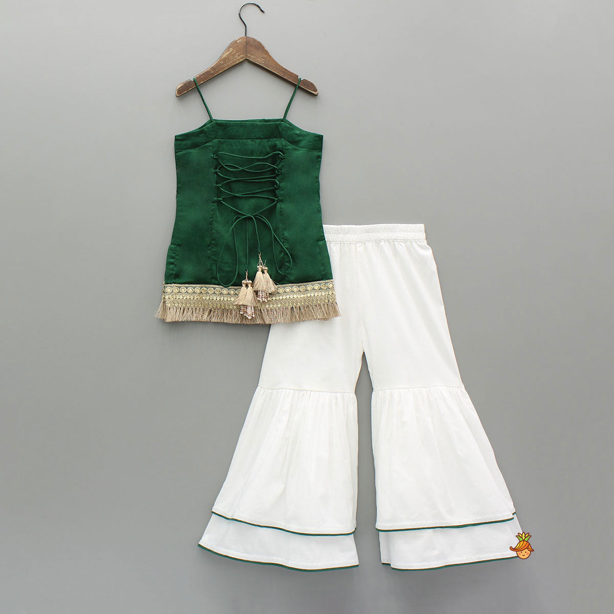 Elegant Green Strappy Lace Detailed Kurti With Tiered Sharara And Dupatta