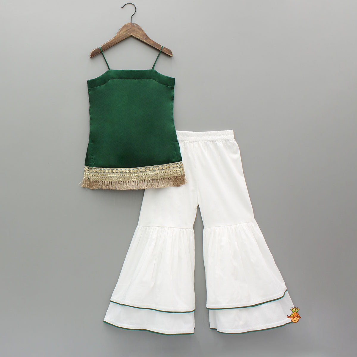Elegant Green Strappy Lace Detailed Kurti With Tiered Sharara And Dupatta