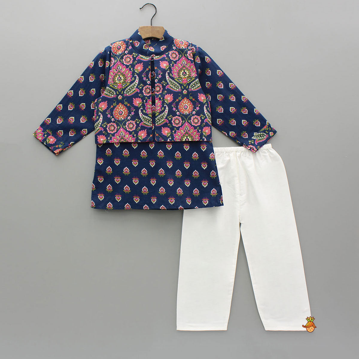 Blue Printed Kurta With Front Open Jacket And Pyjama