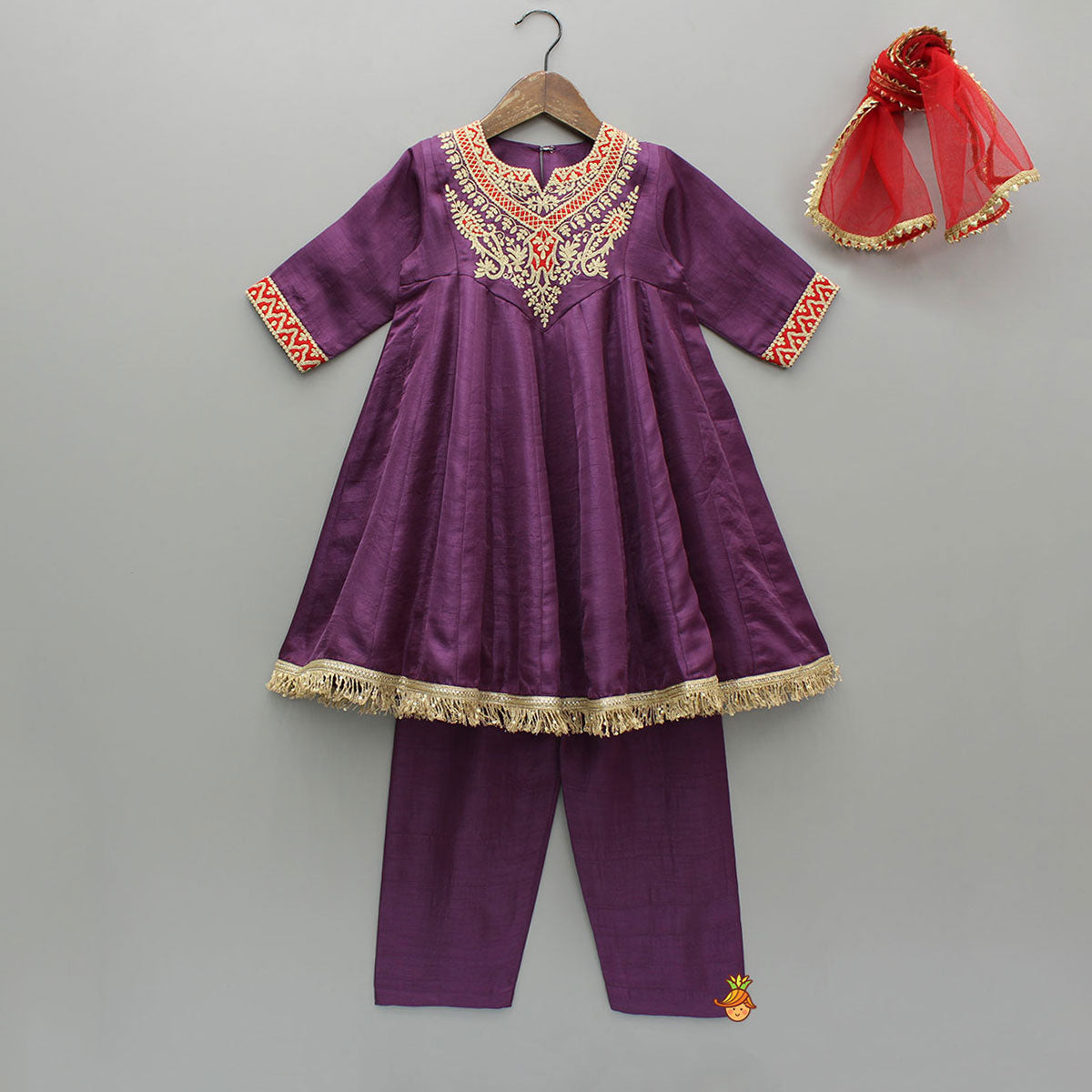 Elegant Purple Embroidered Kurti With Pants And Red Dupatta