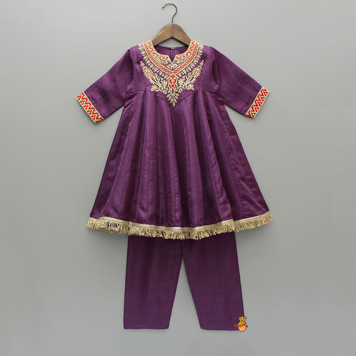 Elegant Purple Embroidered Kurti With Pants And Red Dupatta