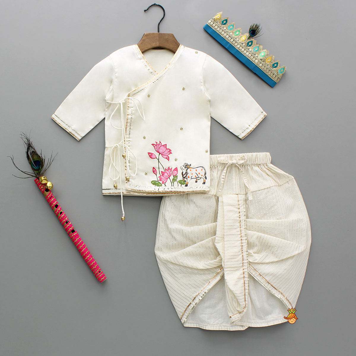 Floral Hand-Painted Off-White Kurta And Lurex Striped Dhoti With Mor Pankh Mukut And Basuri