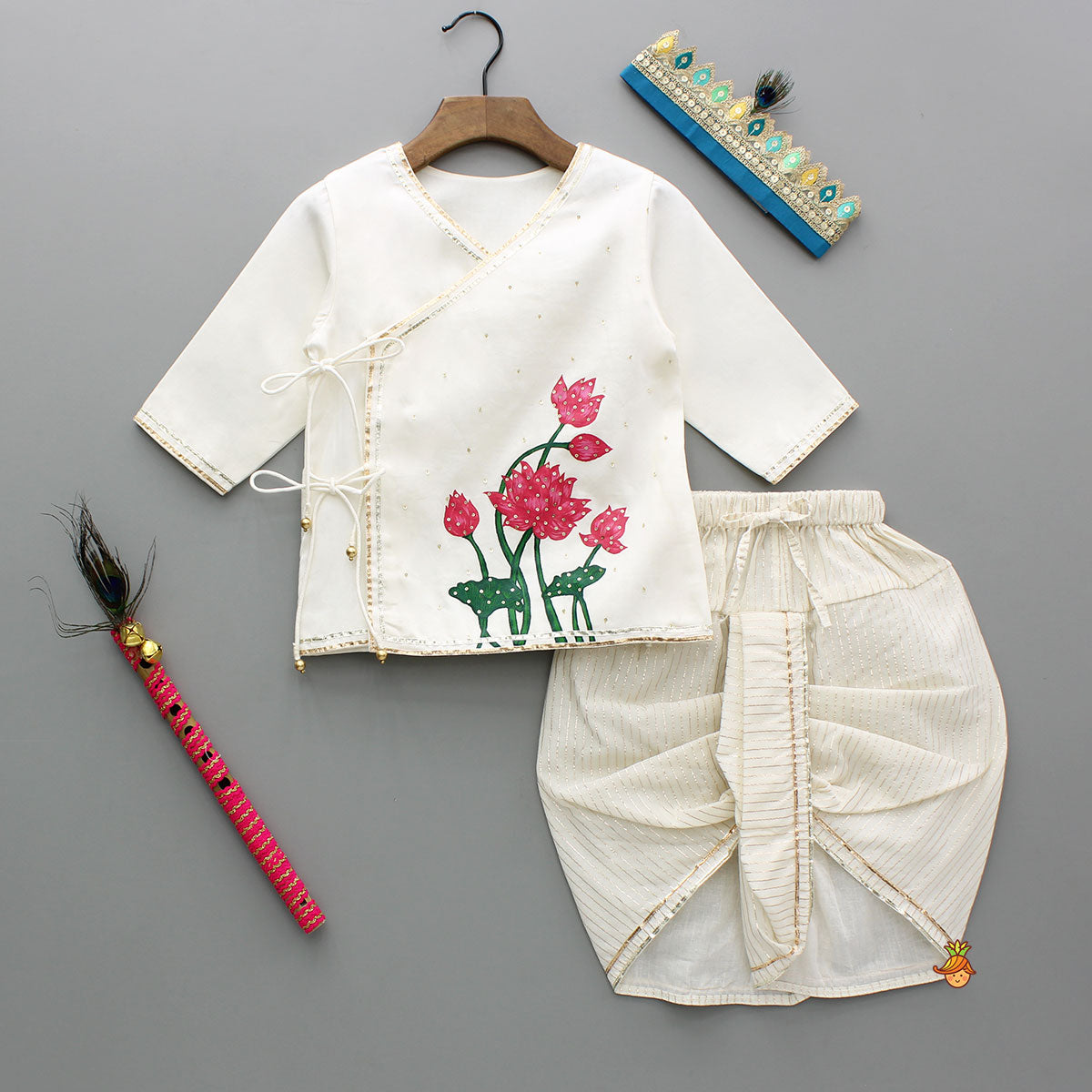 Floral Hand-Painted Off-White Kurta And Dhoti With Mor Pankh Mukut And Basuri