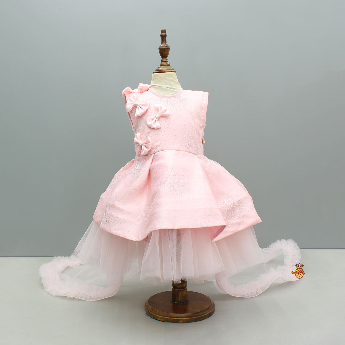 Pink Bow Glitter Embellished High Low Dress With Detachable Trail