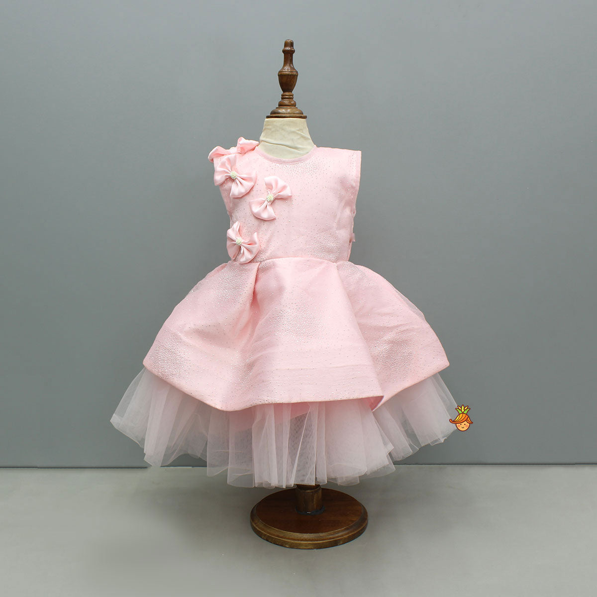 Pink Bow Glitter Embellished High Low Dress With Detachable Trail