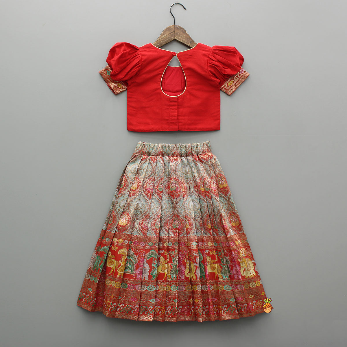 Red Brocade Silk Top With Ethnic Brocade Lehenga And Dupatta