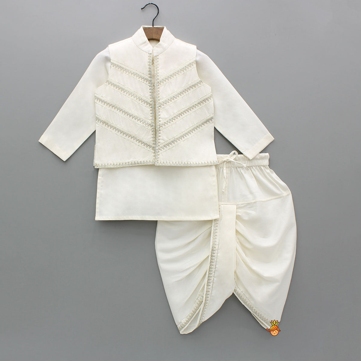 Off White Kurta With Front Open Sequin Laced Jacket And Dhoti
