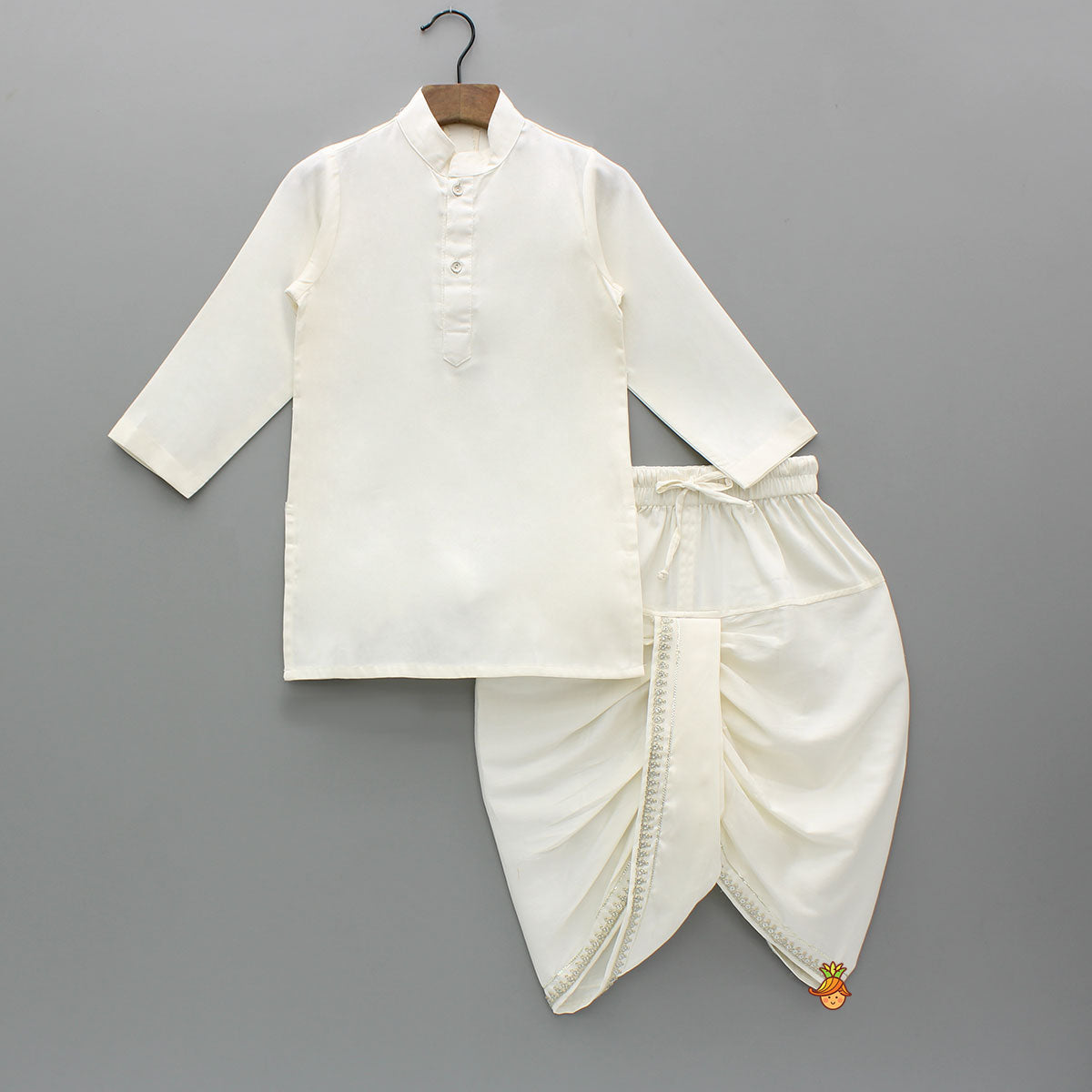 Off White Kurta With Front Open Sequin Laced Jacket And Dhoti