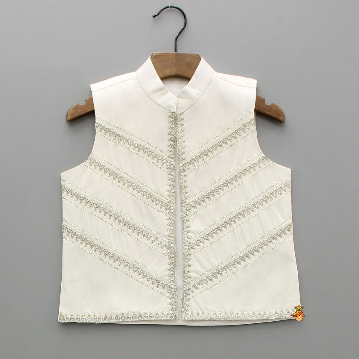 Off White Kurta With Front Open Sequin Laced Jacket And Dhoti