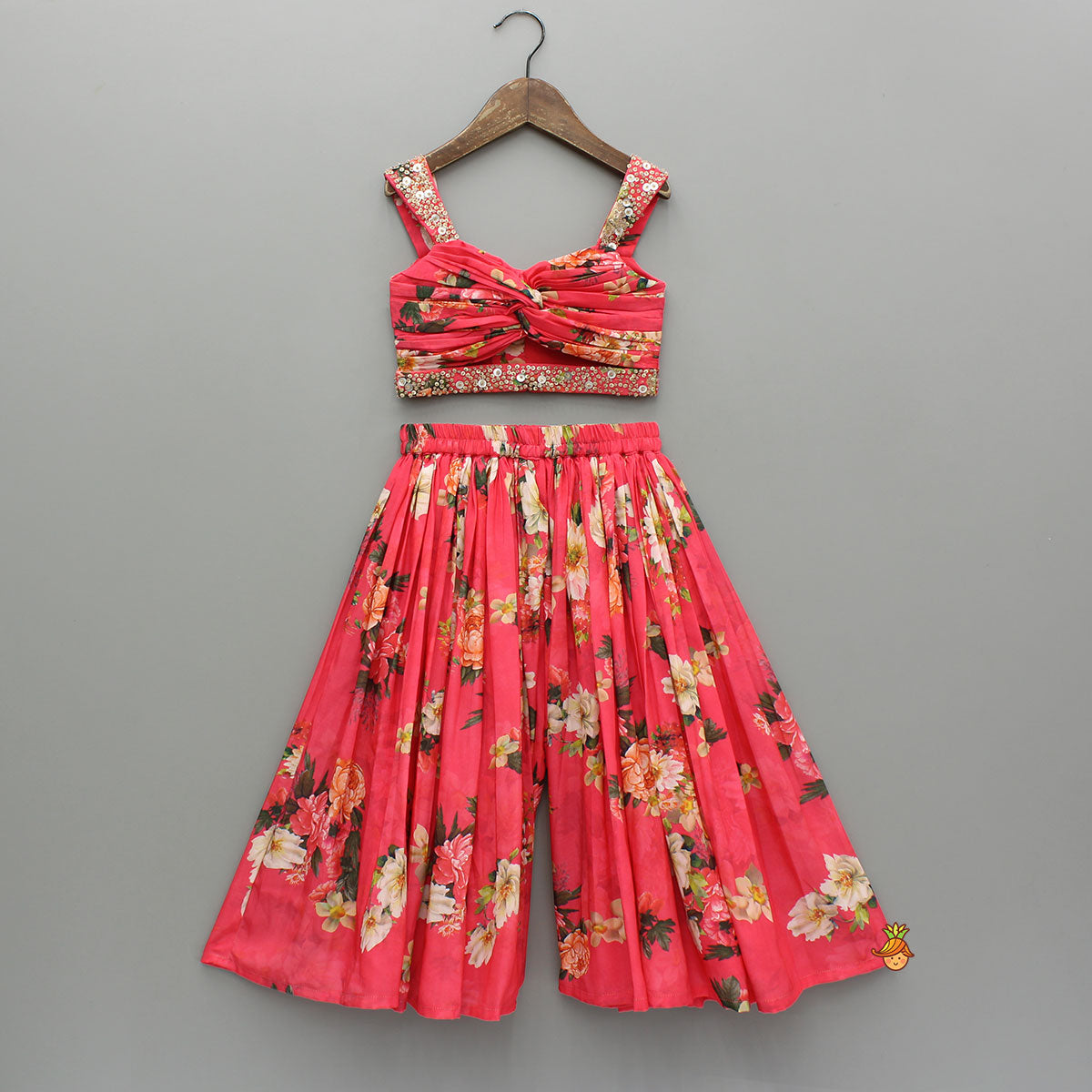 Red Floral Printed Draped Top With Flared Palazzo