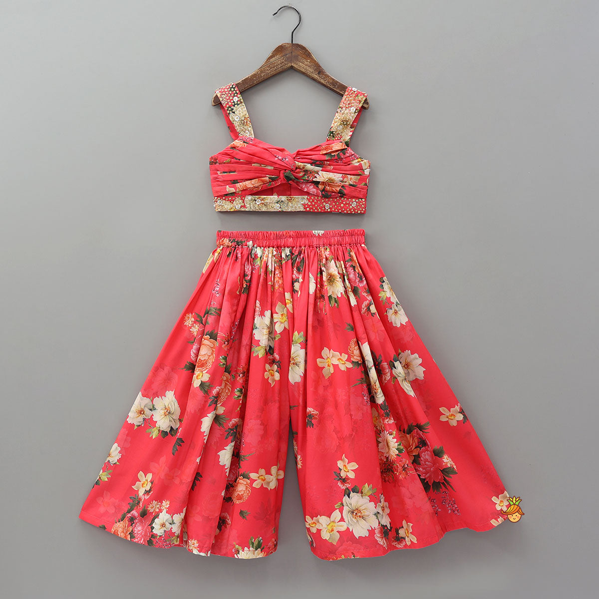 Red Floral Printed Draped Top With Flared Palazzo