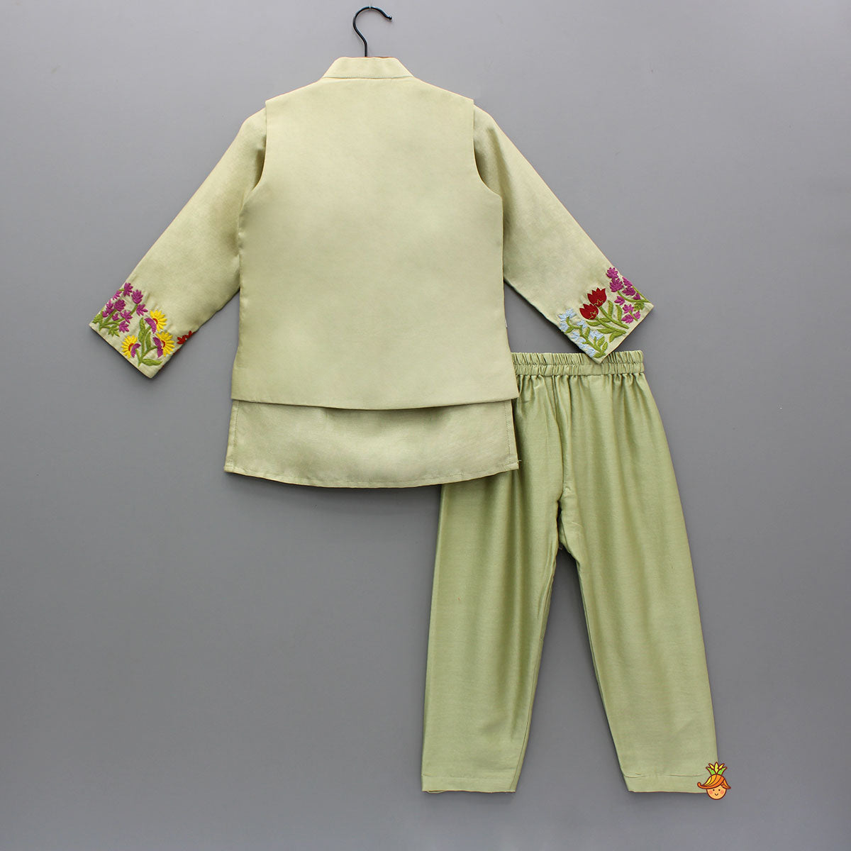Green Pin Tuck Detailed Kurta With Multicolour Embroidered Front Open Jacket And Pyjama