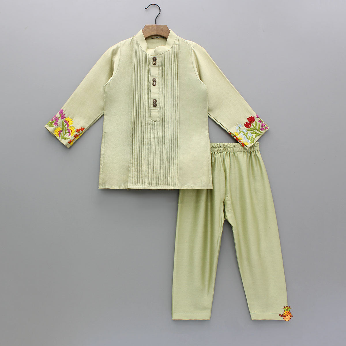 Green Pin Tuck Detailed Kurta With Multicolour Embroidered Front Open Jacket And Pyjama