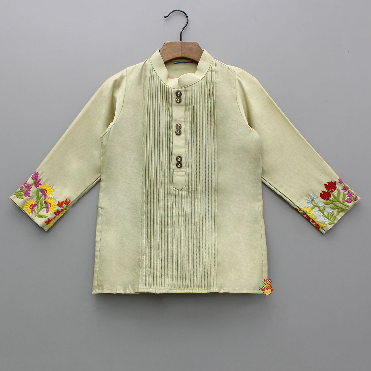 Green Pin Tuck Detailed Kurta With Multicolour Embroidered Front Open Jacket And Pyjama