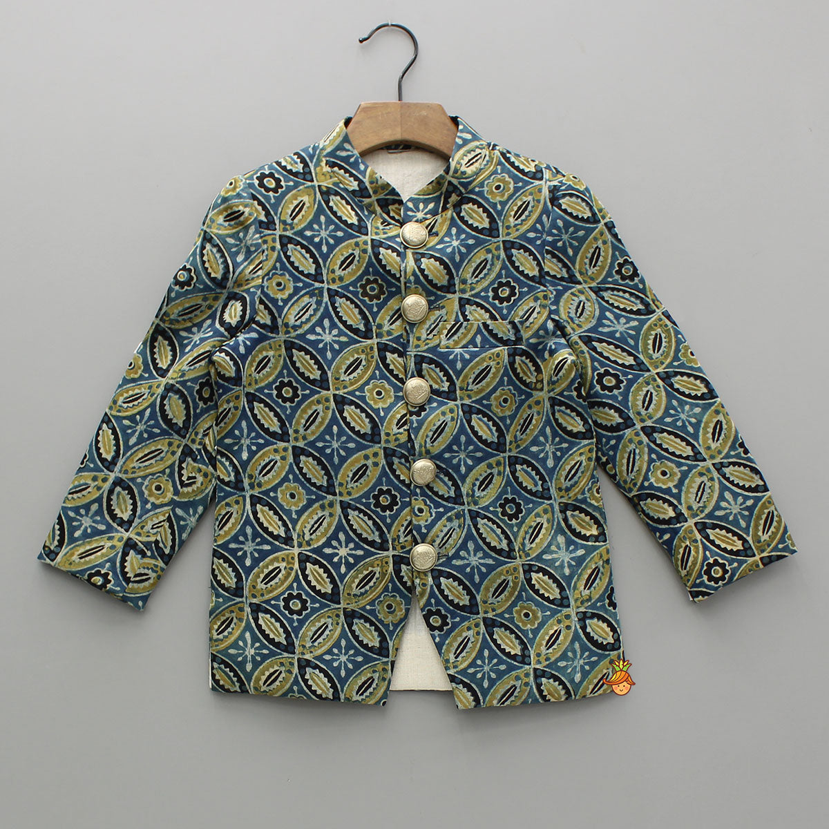 Ajrakh Printed Blue Silk Sherwani With Pyjama
