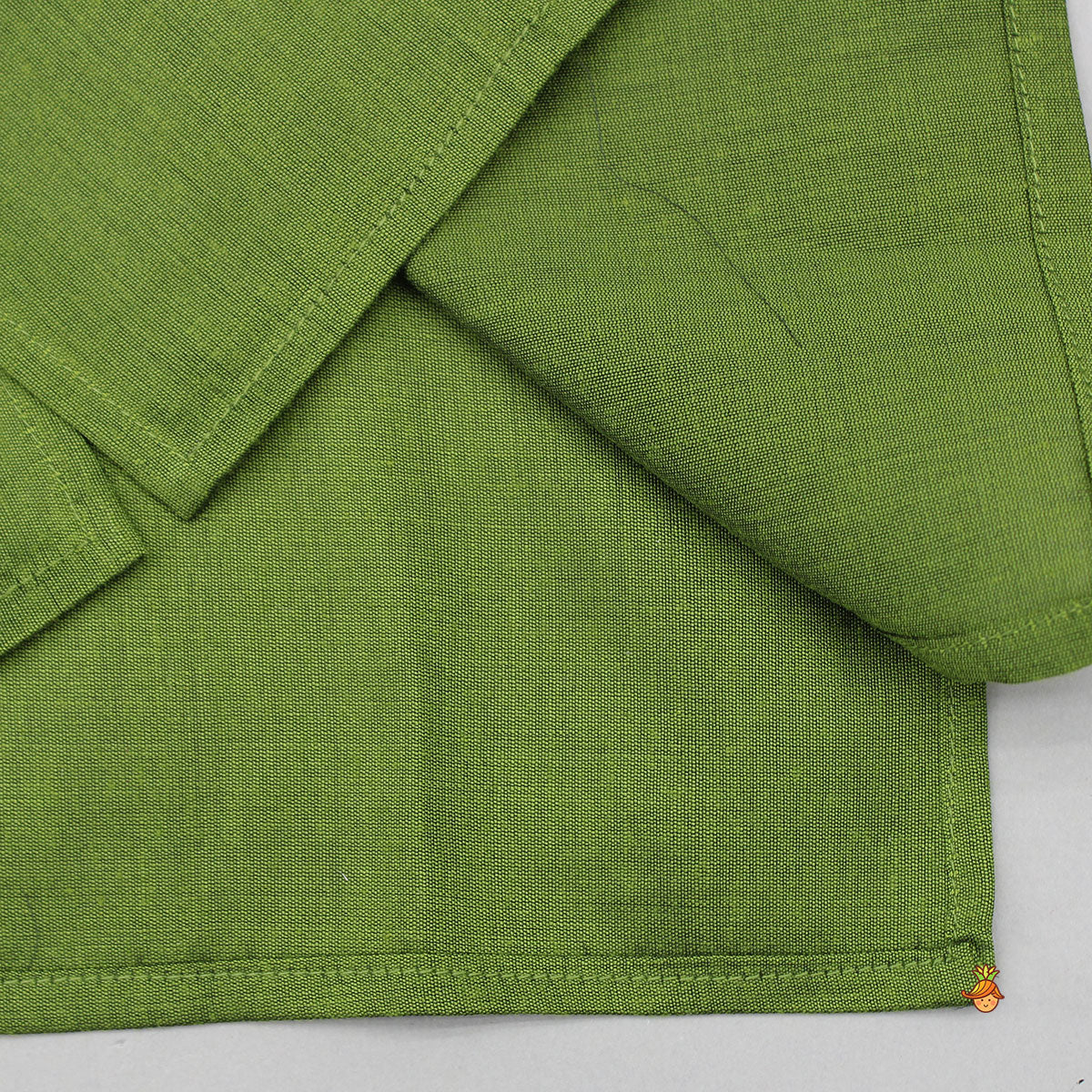 Green Kurta With Printed Jacket And Cream Pyjama