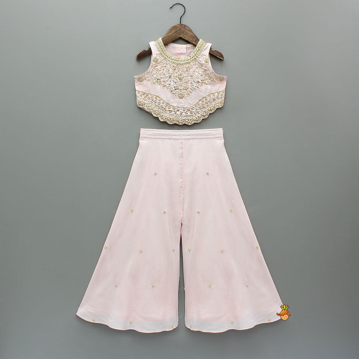 Pink Floral Embroidered Stylish Hem Top With Palazzo And Dupatta