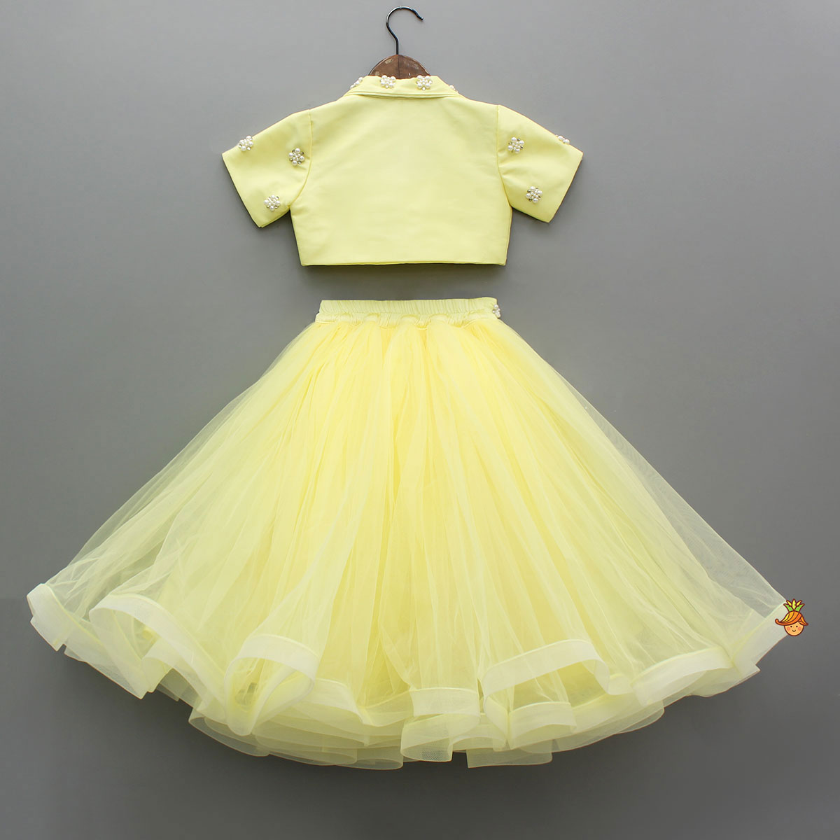 Stylish Yellow Crop Blazer Style Top With Flared Lehenga