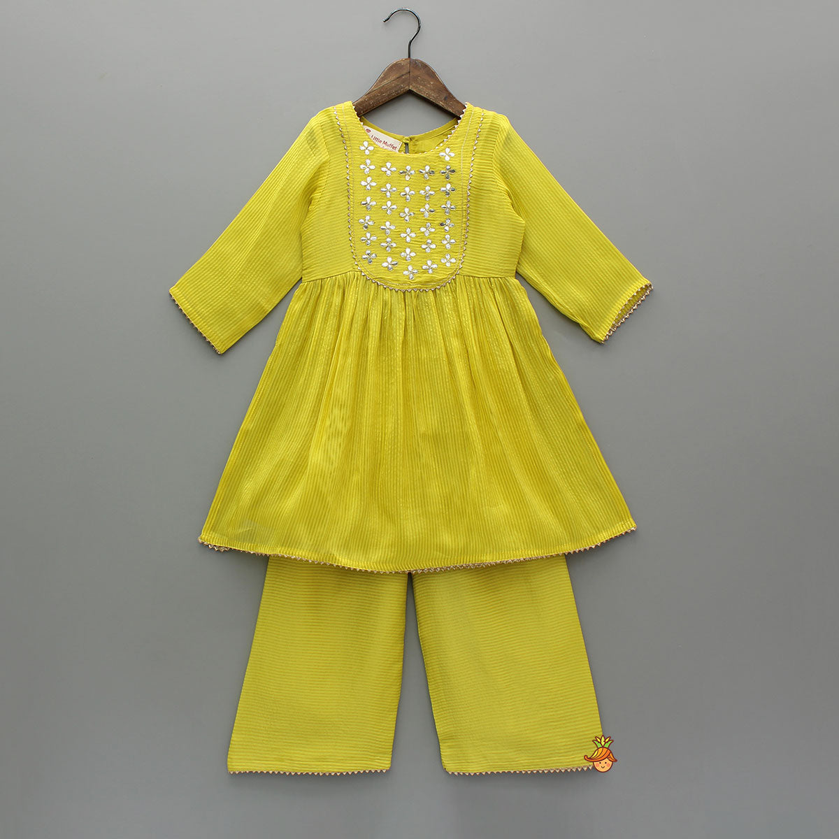 Yellow Gota Work Kurti With Wide-Leg Pant And Dupatta