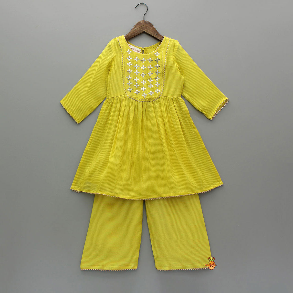 Yellow Gota Work Kurti With Wide-Leg Pant And Dupatta