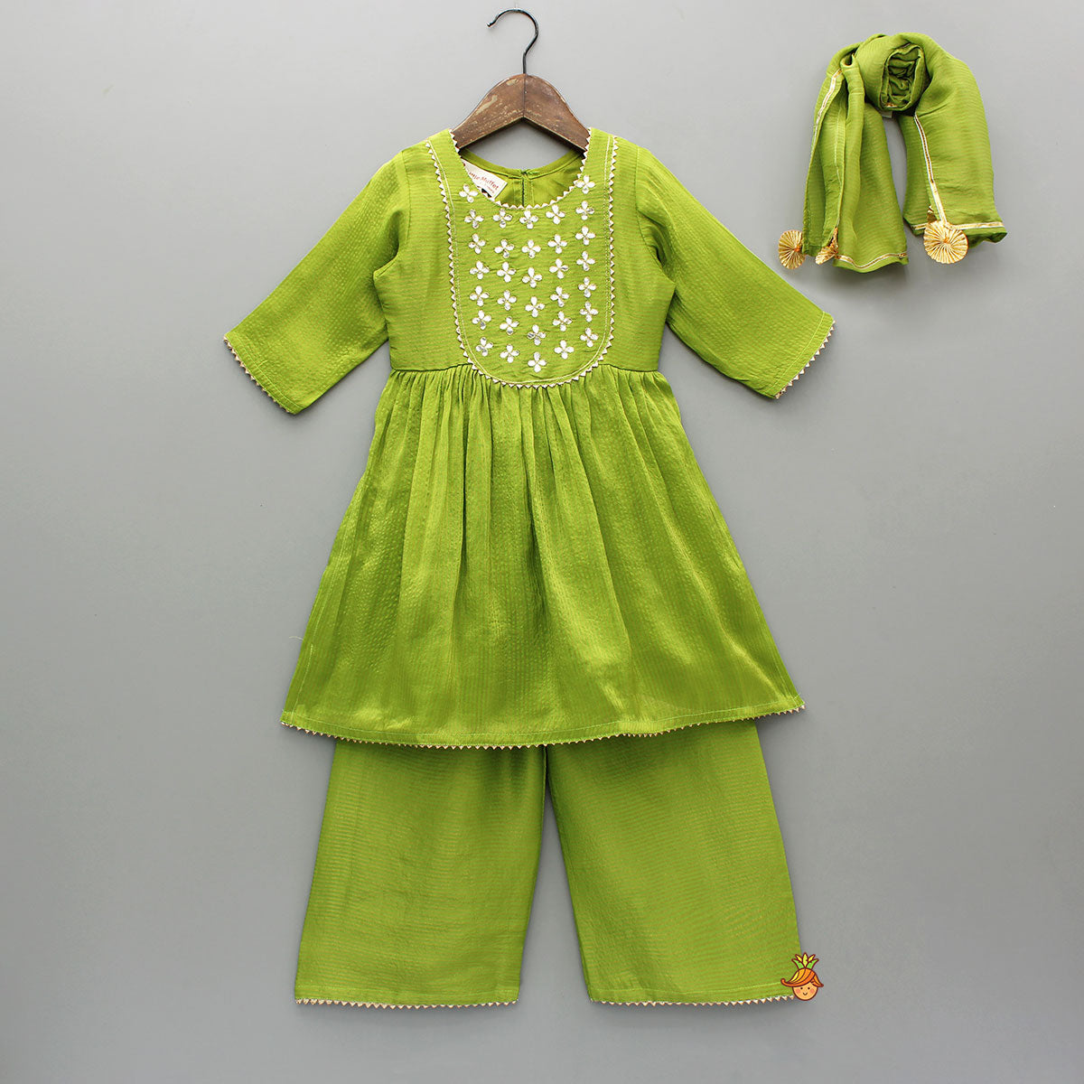Green Gota Work Top With Wide-Leg Pant And Dupatta