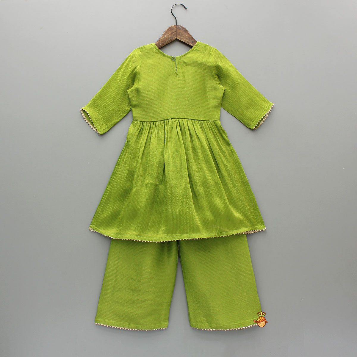 Green Gota Work Top With Wide-Leg Pant And Dupatta