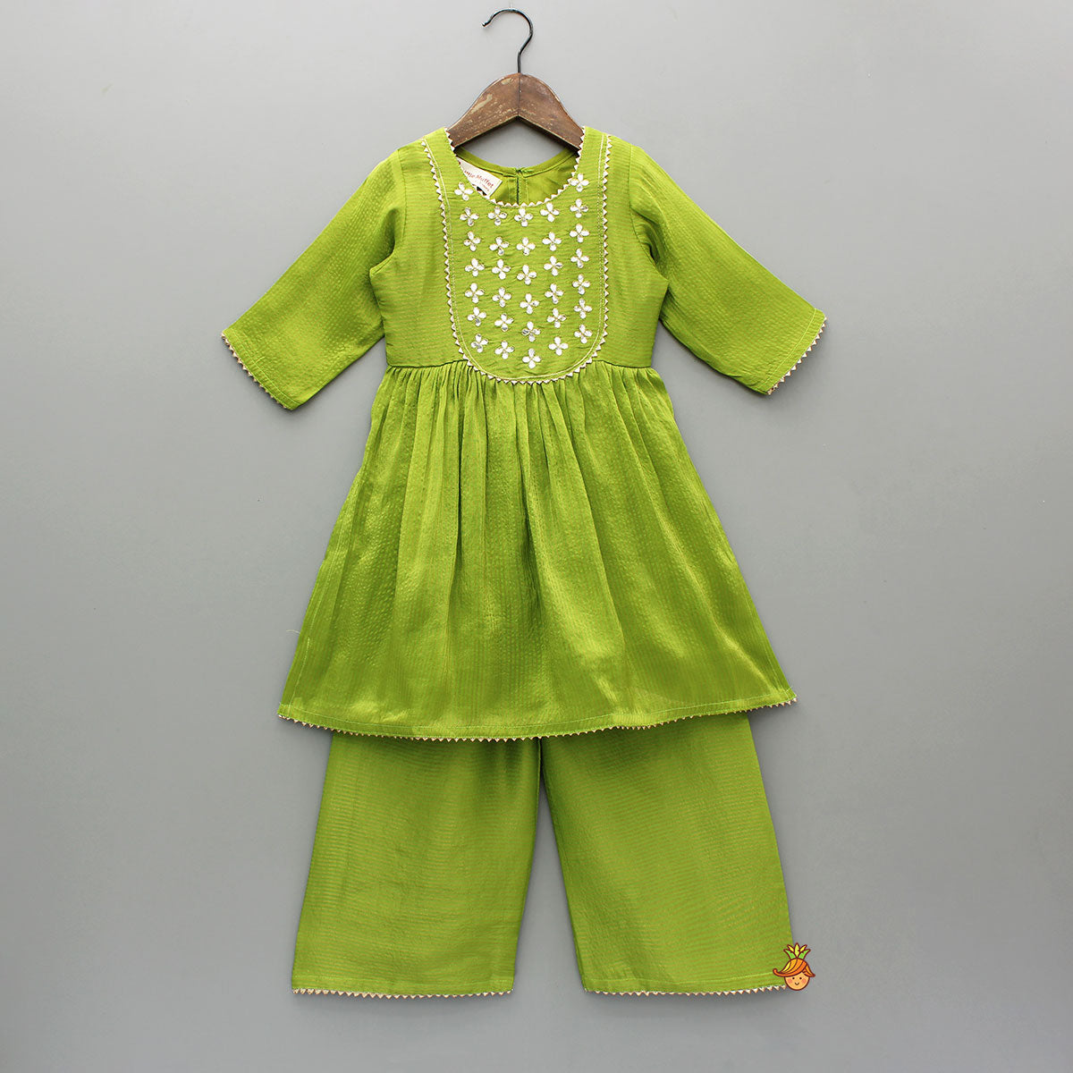 Green Gota Work Top With Wide-Leg Pant And Dupatta