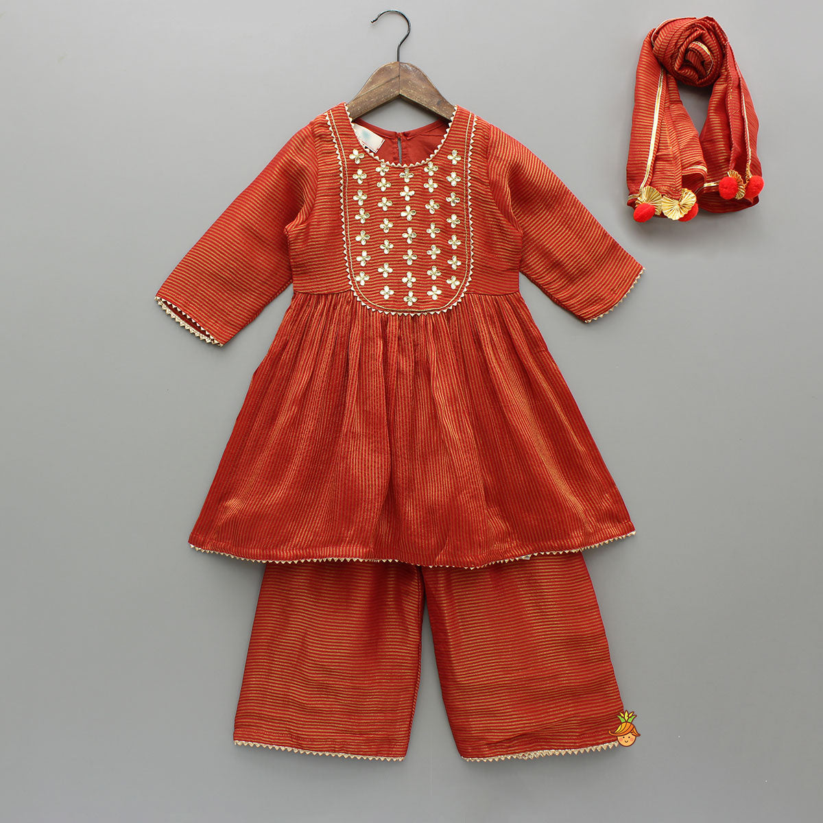 Red Gota Work Top With Wide-Leg Pant And Dupatta