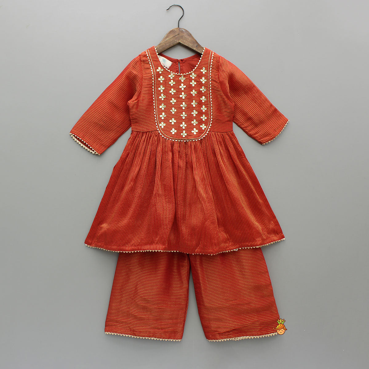 Red Gota Work Top With Wide-Leg Pant And Dupatta