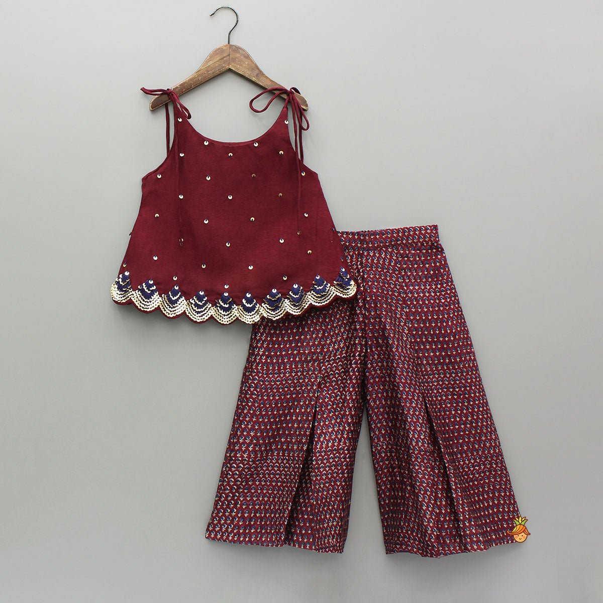 Maroon Tie-Up Hand Embroidered Scallop Top With Printed Palazzo
