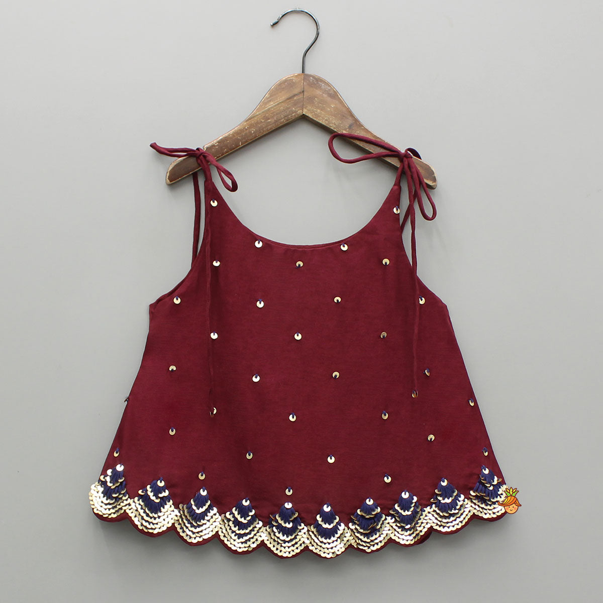 Maroon Tie-Up Hand Embroidered Scallop Top With Printed Palazzo