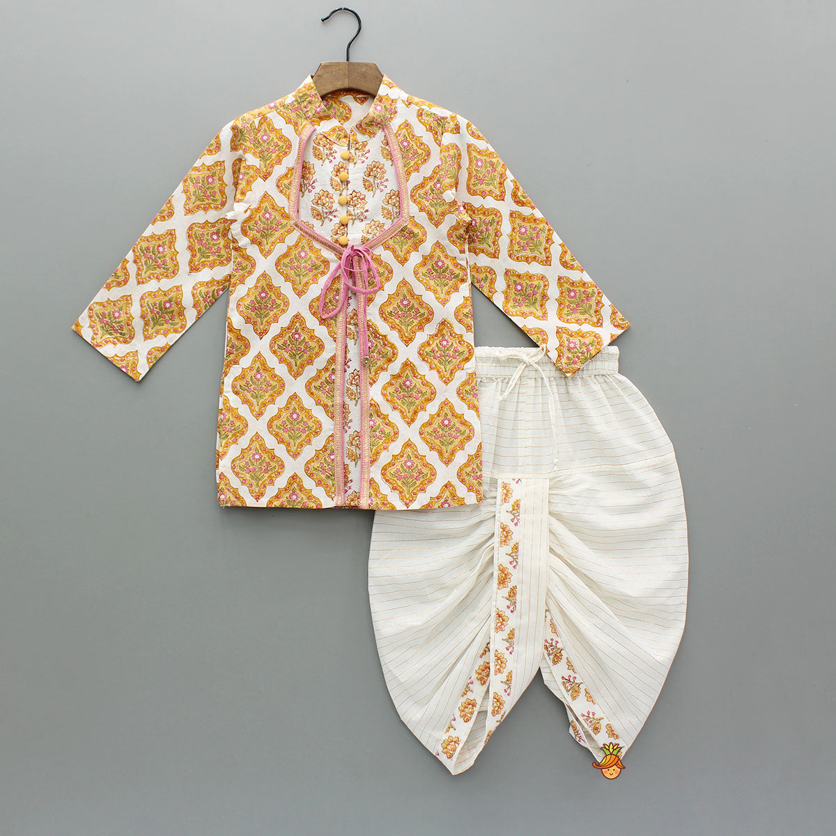 White Block Print Kurta With Matching Dhoti