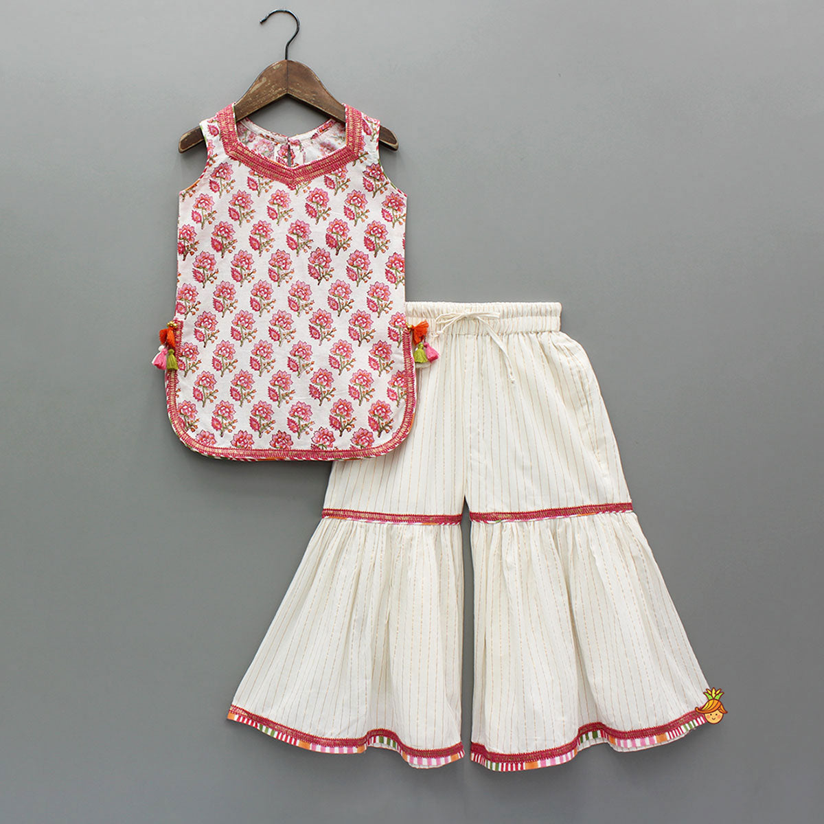 Floral Printed Cotton Kurti With Sharara And Dupatta