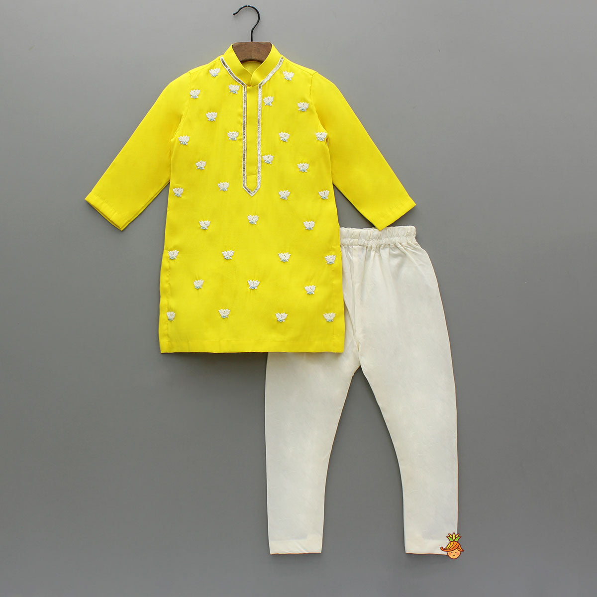 Yellow Lotus Embroidered Kurta With Churidar